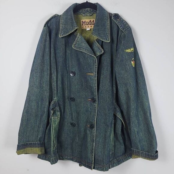 Mudd Jeans Vintage 2000s Womens Large Denim Jacket Blue Belted Waist Patches - Picture 1 of 8